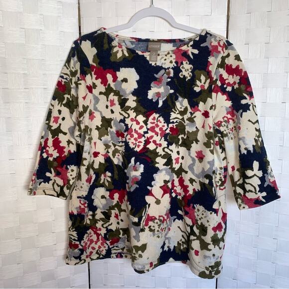 Chico’s Womens Blouse Shirt Chico Size 2 Womens Size Large Floral Pockets - Picture 1 of 9